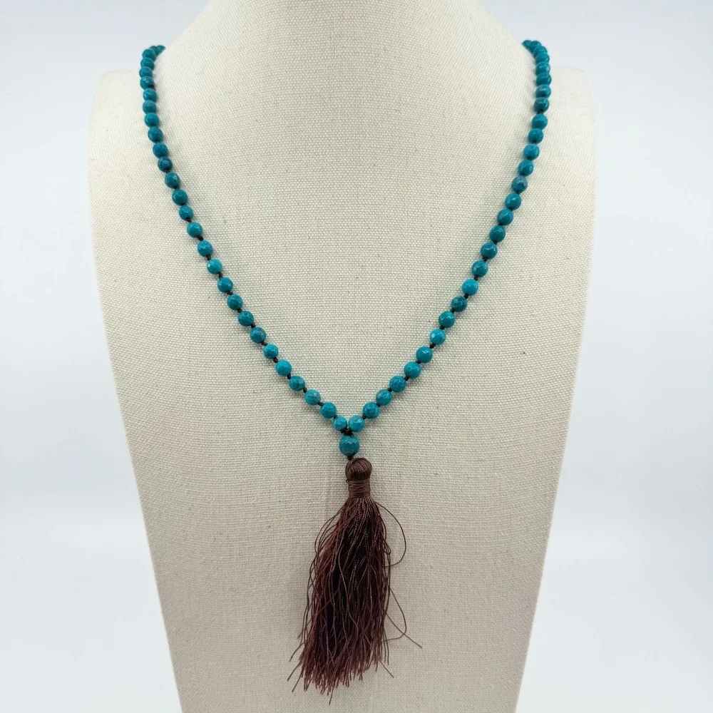 Necklace Vintage Bright Blue Stone‎ Knotted Mala Brown Tassel Boho Statement 90s